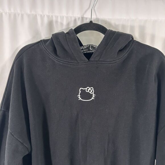 Hello Kitty X Forever 21 Hoodie Women's Large Black Cat Ears Bow Pullover - Picture 2 of 11